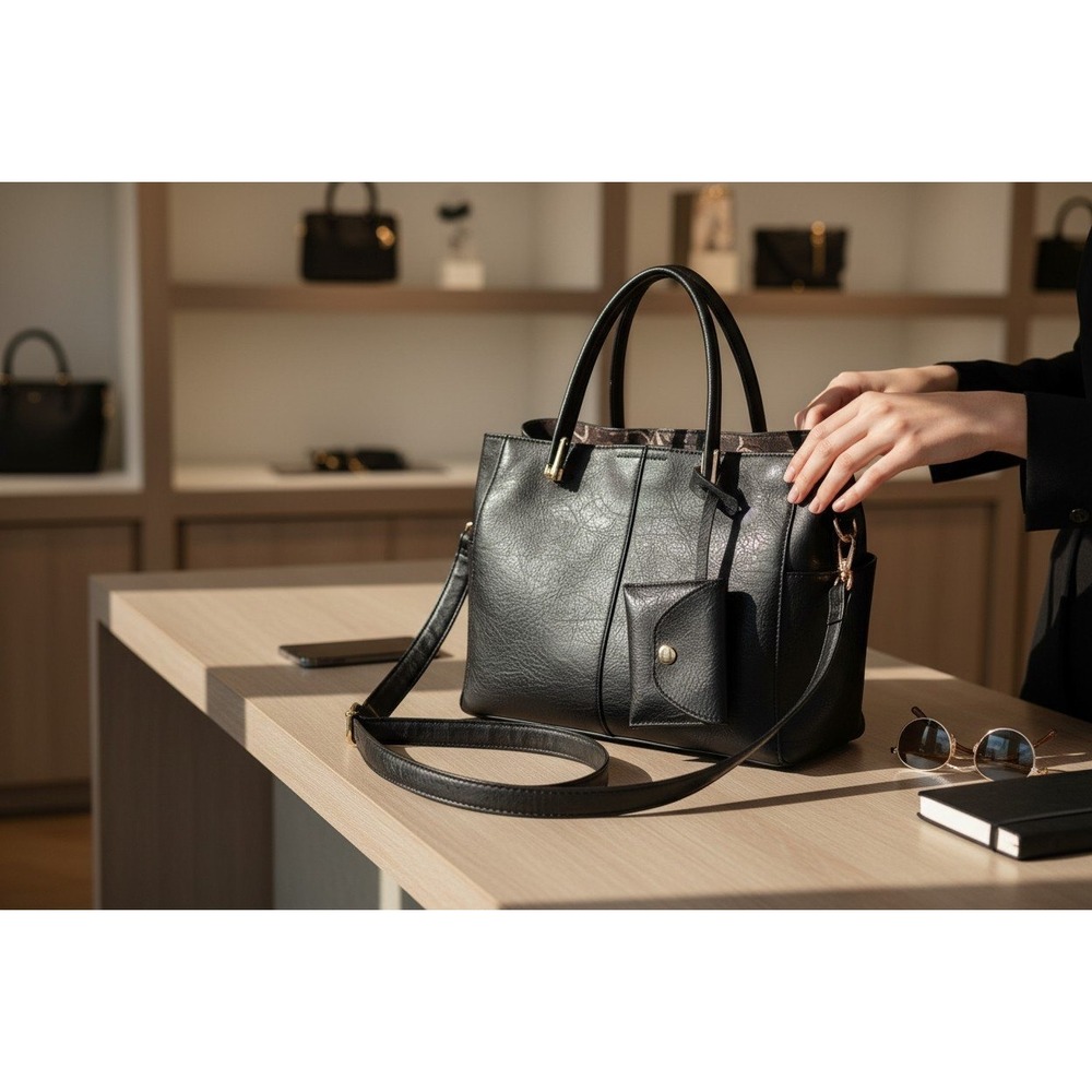 Womens Black Tote Handbag Crossbody Three division side pockets removable straps